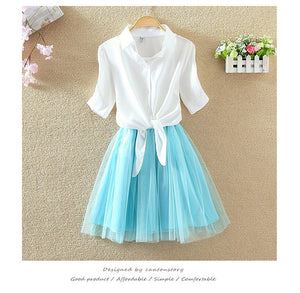 Women Suits Casual Clothing Sets Crop Top Fold Tulle Skirt