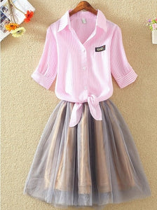 Women Suits Casual Clothing Sets Crop Top Fold Tulle Skirt
