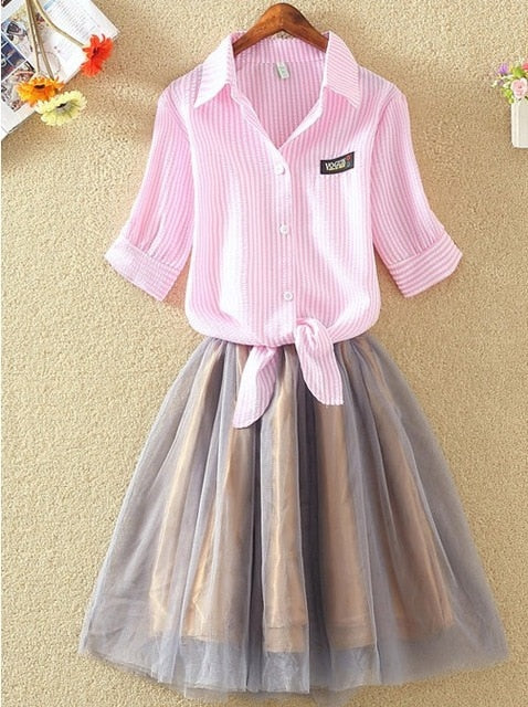 Women Suits Casual Clothing Sets Crop Top Fold Tulle Skirt