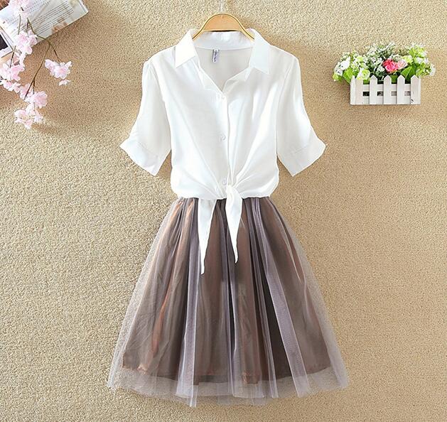 Women Suits Casual Clothing Sets Crop Top Fold Tulle Skirt