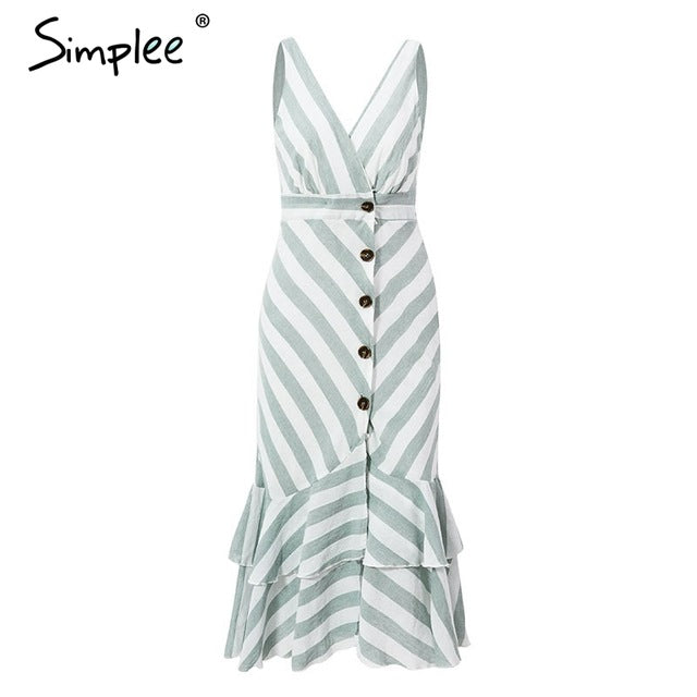 summer V neck buttons ruffle linen dresses Holiday sexy  beach dress