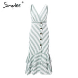 summer V neck buttons ruffle linen dresses Holiday sexy  beach dress