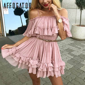 Affogatoo Elegant ruffle off shoulder strap summer pink dress