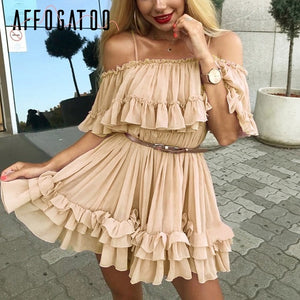 Affogatoo Elegant ruffle off shoulder strap summer pink dress