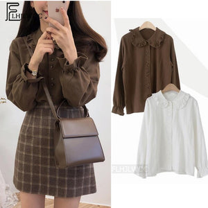 Women Fashion Design Korean Preppy Style Flare Sleeve Peter Pan Collar White Button Shirt