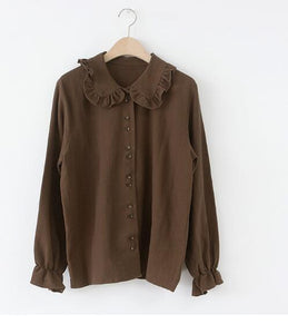Women Fashion Design Korean Preppy Style Flare Sleeve Peter Pan Collar White Button Shirt