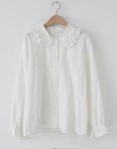 Women Fashion Design Korean Preppy Style Flare Sleeve Peter Pan Collar White Button Shirt