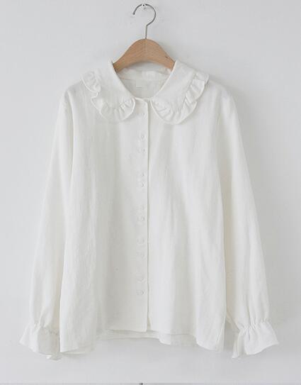 Women Fashion Design Korean Preppy Style Flare Sleeve Peter Pan Collar White Button Shirt