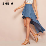 Blue Wide Band Waist Wrap Dip Hem Denim Casual Long Skirt