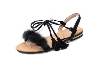 COOTELILI Real Fur Ankle Strap Gladiator Sandals Women Flats