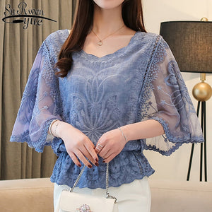 fashion woman blouses 2019 Summer New Chiffon Blouse Cotton Edge Lace Blouses Shirt Butterfly Flowe Women Shirt tops 4073 50