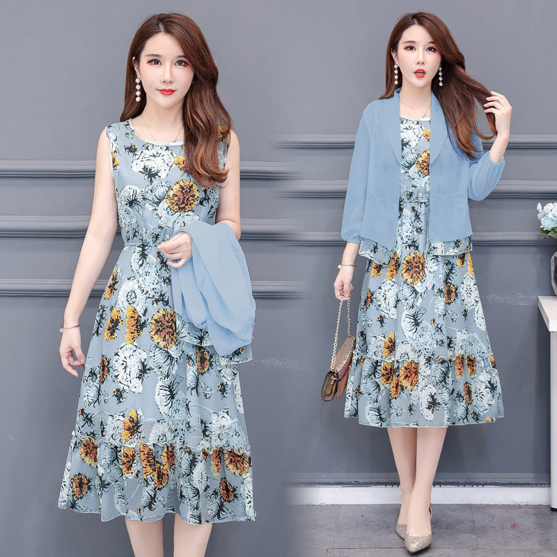Big Size 2 Pieces sets Women jacket cardigan Floral Chiffon Dress set –  sksgen