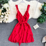 Seaside Vacation Dress V-neck Bobbin Spinning Backless