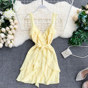 Seaside Vacation Dress V-neck Bobbin Spinning Backless