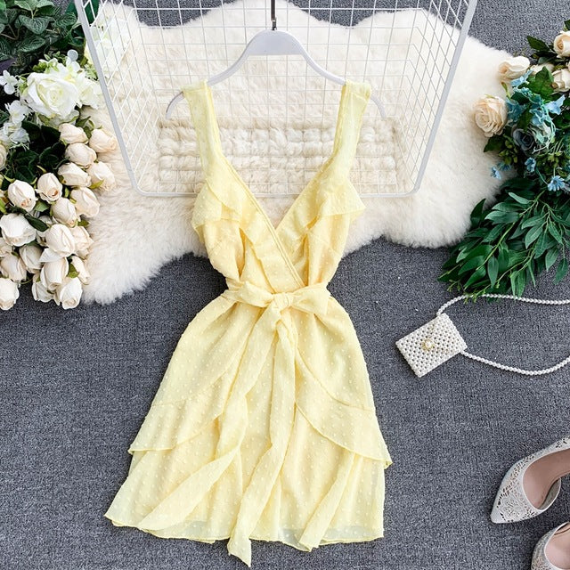 Seaside Vacation Dress V-neck Bobbin Spinning Backless