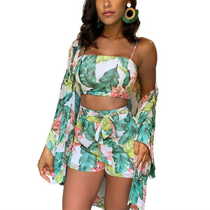 Women 3Pcs Floral Print Blouse+Crop Top+Shorts