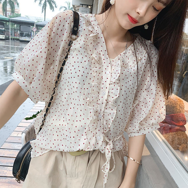 Casual Chiffon Singel-breasted Dots Lantern  V-neck Tops