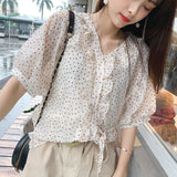 Casual Chiffon Singel-breasted Dots Lantern  V-neck Tops